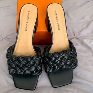 Sincerely Jules Twist Black Braided Heeled Slide Sandals with Square Toe 6.5M